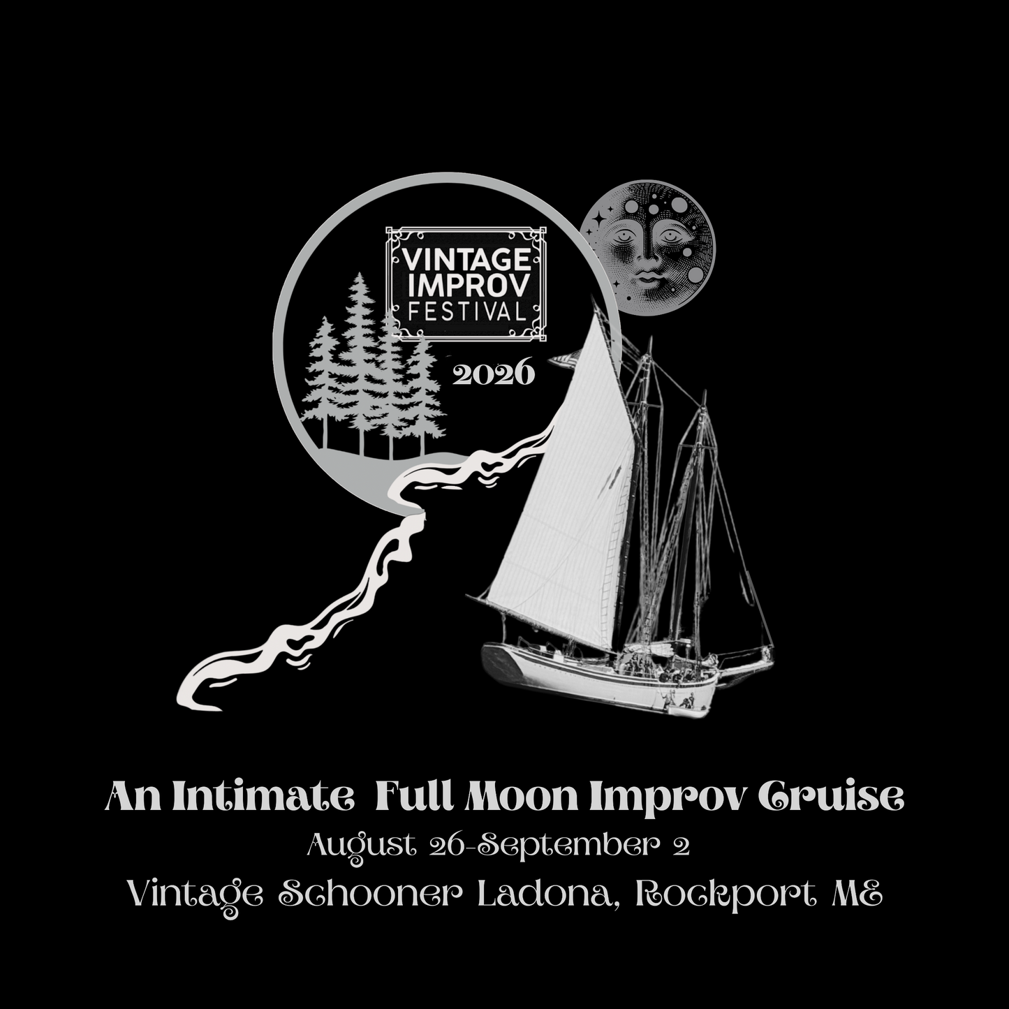 Promotional graphic for Vintage Improv Festival 2020 featuring a sailboat and moon.