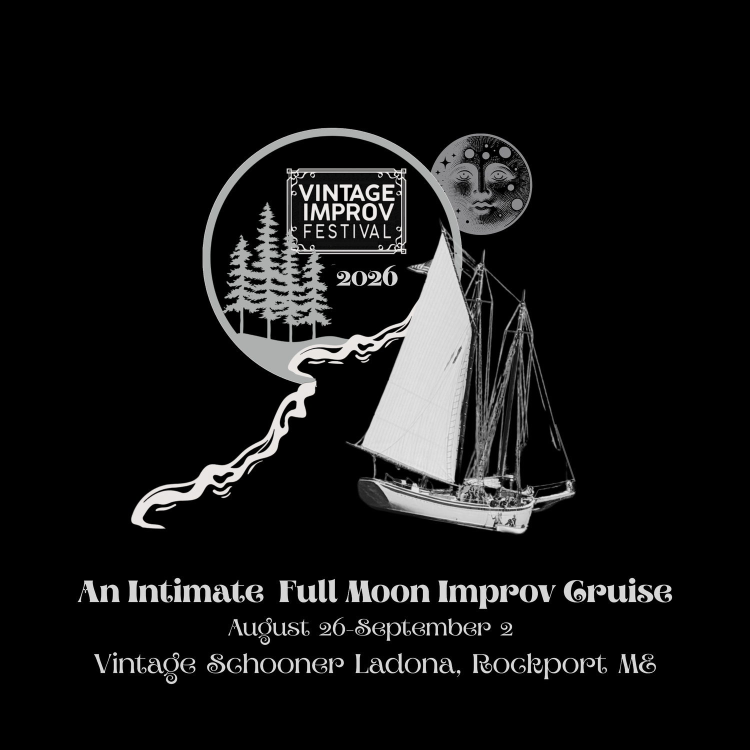 Promotional graphic for Vintage Improv Festival 2020 featuring a sailboat and moon.