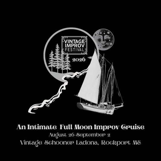 Promotional graphic for Vintage Improv Festival 2020 featuring a sailboat and moon.